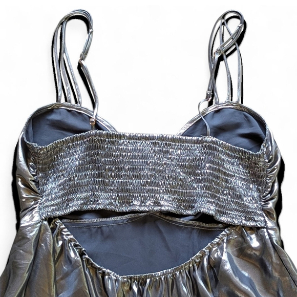 Free People Metallic Silver Mini Dress Sz S – Just Dance Babydoll Slip Y2K Vibes - Picture 7 of 13